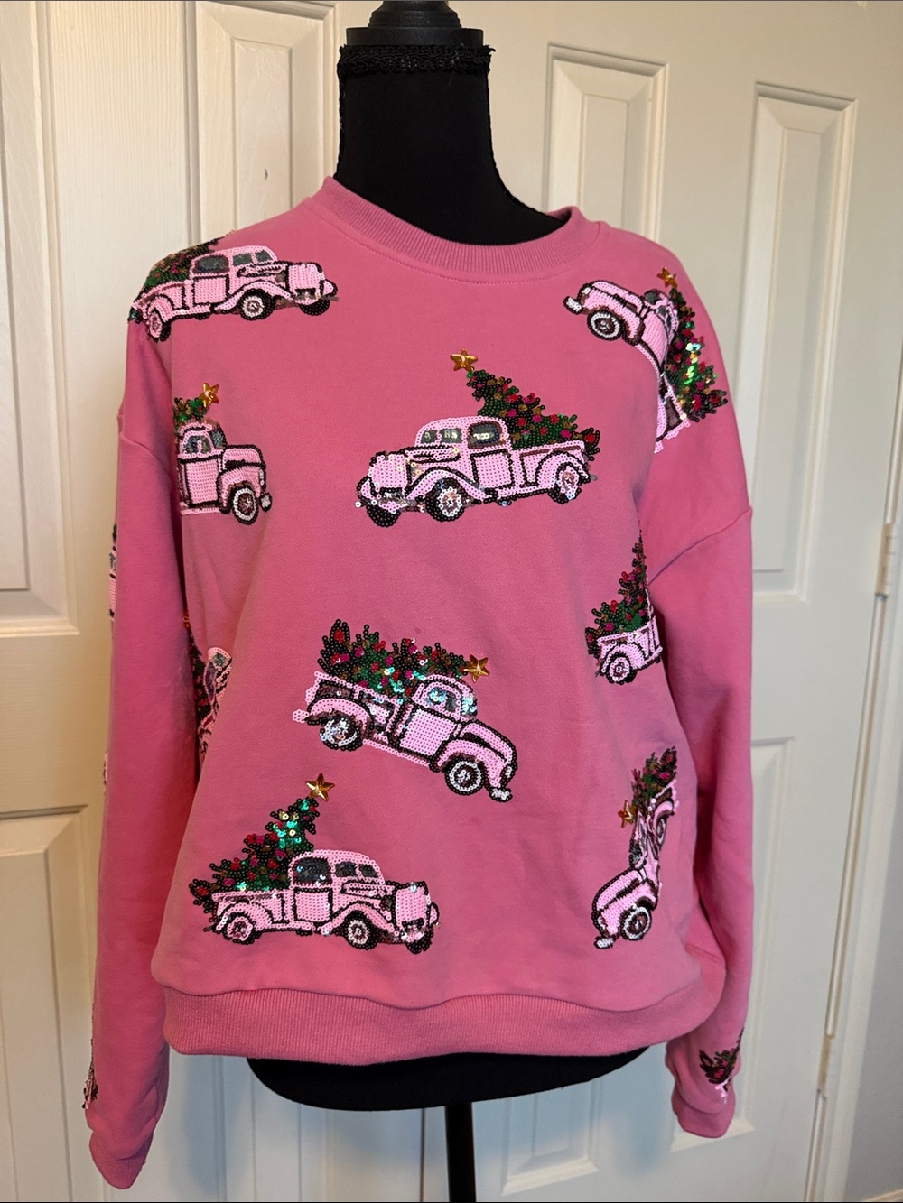 QUEEN OF SPARKLES Pink Vintage Truck Sequin Crewneck Sweater